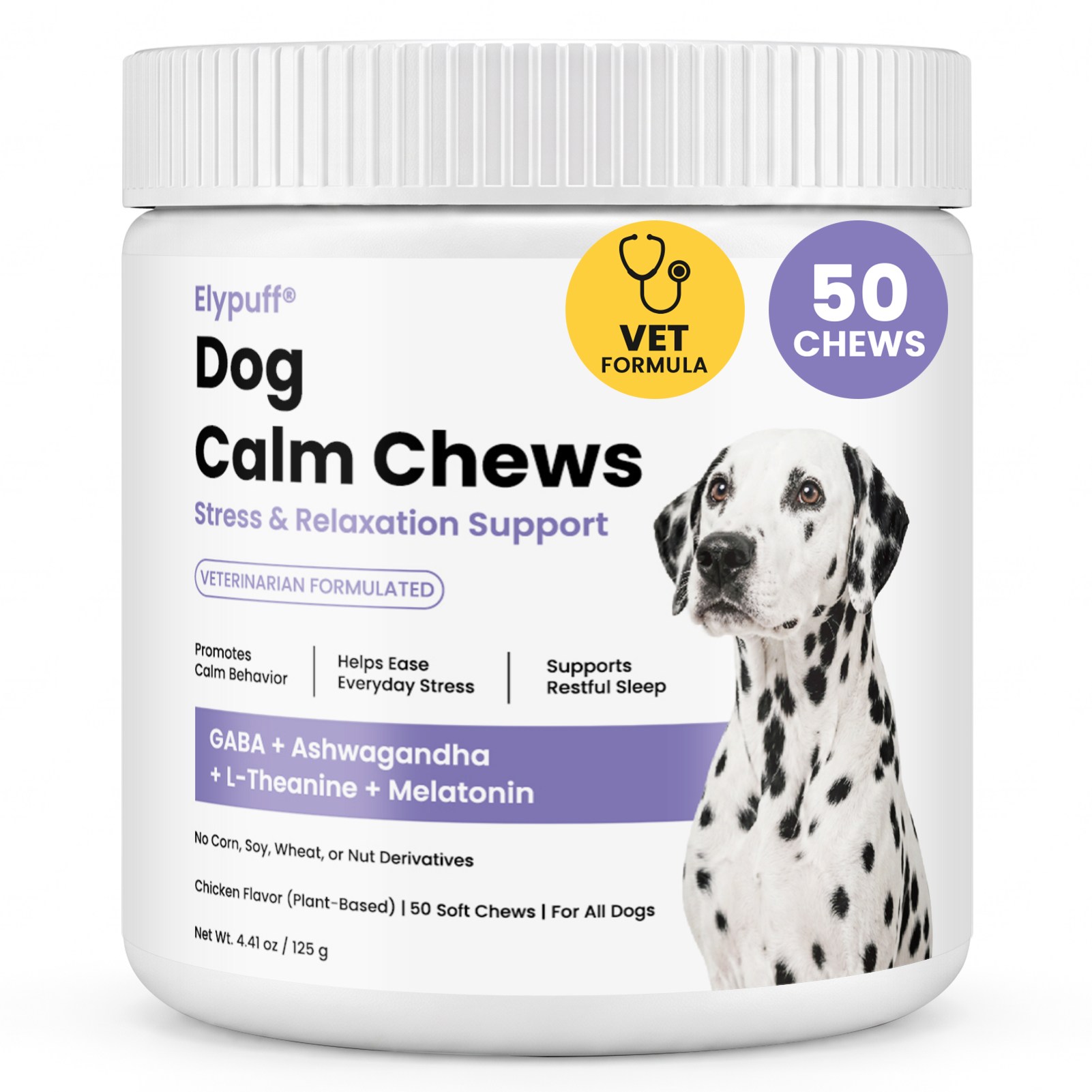 Elypuff Dog Calm Chews, 50 plant-based chicken-flavored soft chews